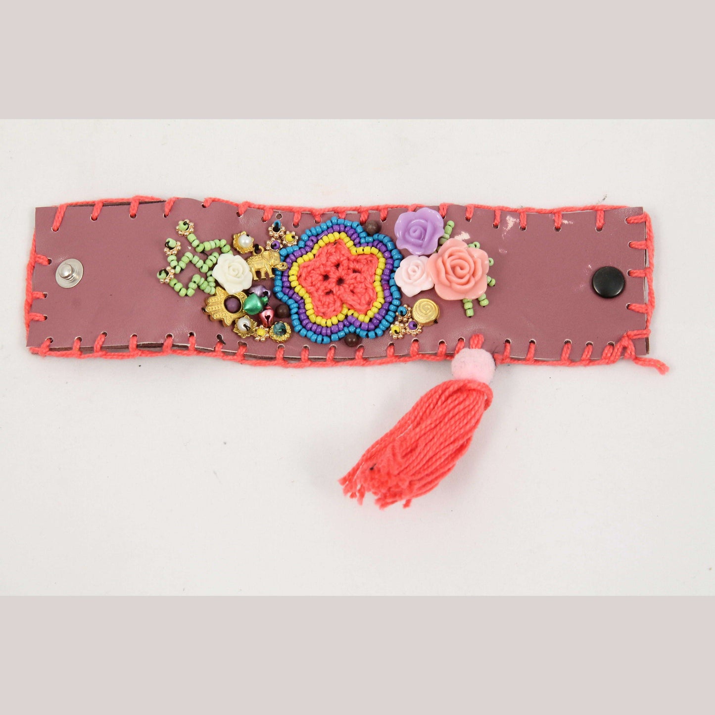Mexican Bracelet Folk Art Bohemian/Hippie Costume Jewelry Charms Faux Leather #2