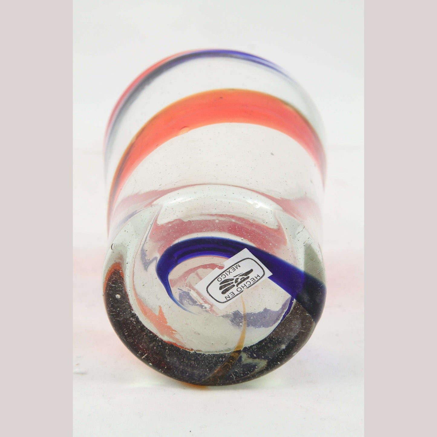 Red Blue Stripes Tumbler, Mexican Glassware Hand Crafted