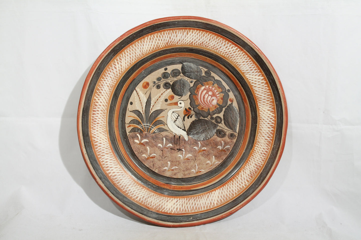 X-Large  Vintage Ceramic Hanging Platter Mexico Folk Art White Egret