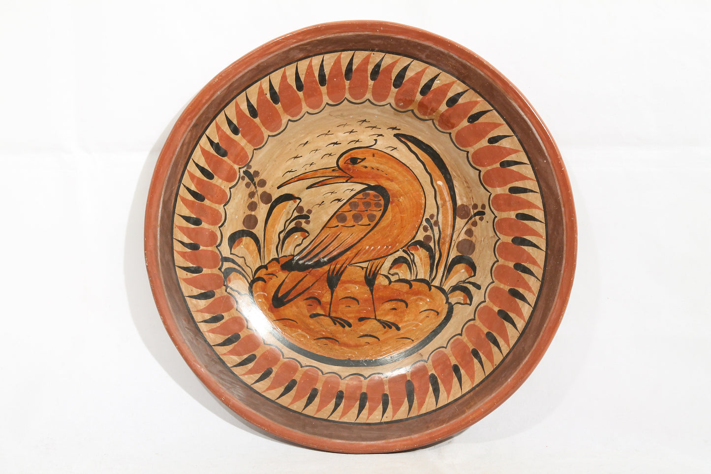 Vintage Ceramic Hanging Plate Hand Painted Mexico Folk Art Burnt Sienna