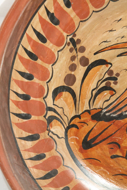 Vintage Ceramic Hanging Plate Hand Painted Mexico Folk Art Burnt Sienna