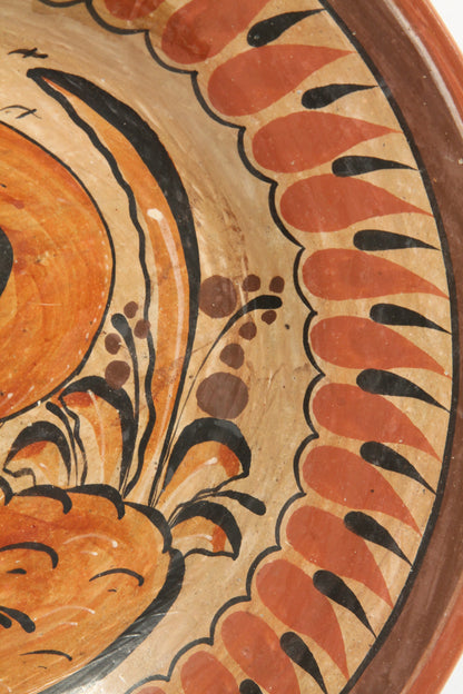 Vintage Ceramic Hanging Plate Hand Painted Mexico Folk Art Burnt Sienna