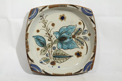 Vintage Ceramic Plate Tonala Mexico Hand Painted Blue Flower, Ken Edwards