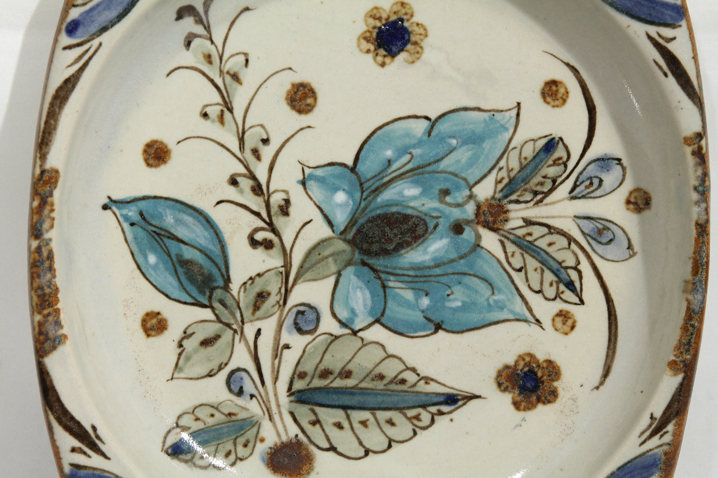 Vintage Ceramic Plate Tonala Mexico Hand Painted Blue Flower, Ken Edwards