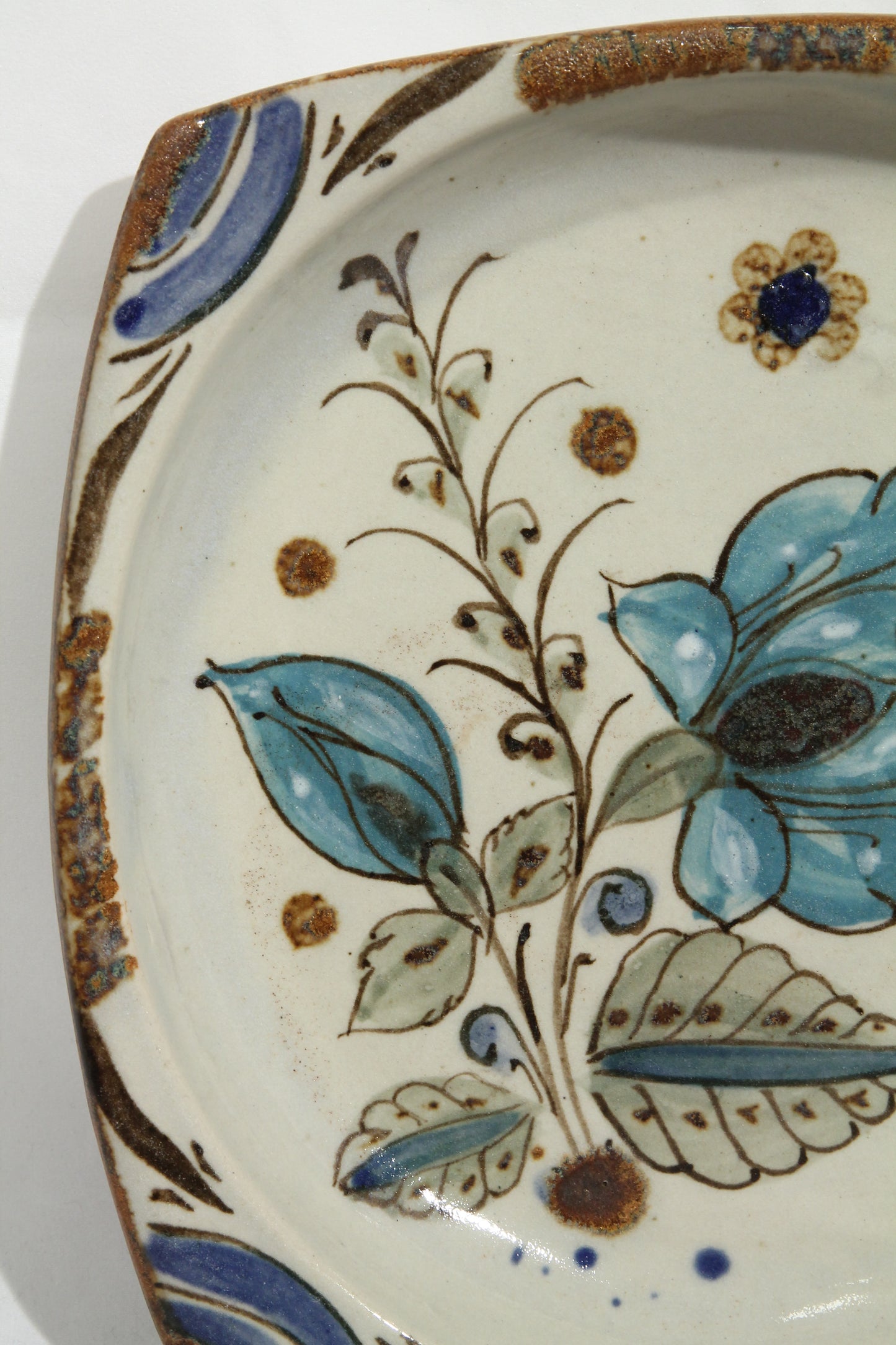 Vintage Ceramic Plate Tonala Mexico Hand Painted Blue Flower, Ken Edwards