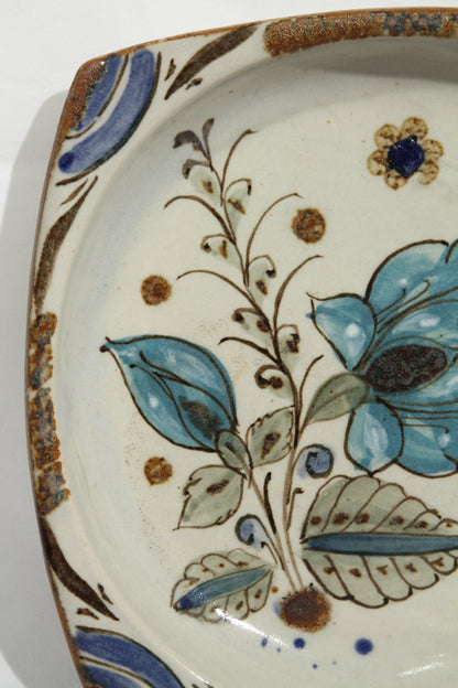 Vintage Ceramic Plate Tonala Mexico Hand Painted Blue Flower, Ken Edwards