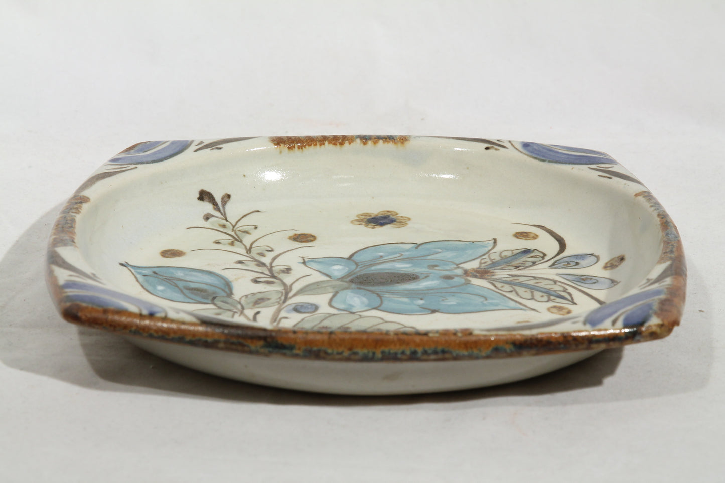 Vintage Ceramic Plate Tonala Mexico Hand Painted Blue Flower, Ken Edwards