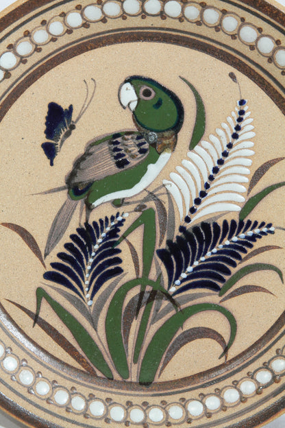 Mexican Ceramic Hanging Plate Hand Painted Folk Art Green Parrot