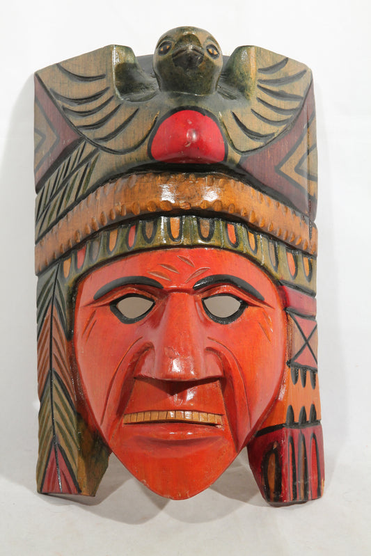 Wood Hanging Warrior Mask Handmade Mexican Folk Art Décor Green Bird