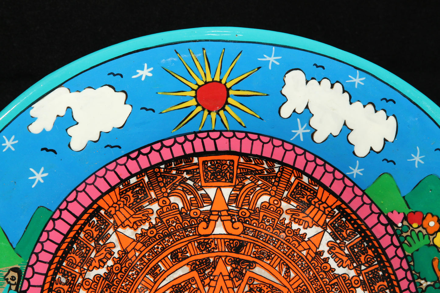 Ceramic Platter, Aztec Calendar and Village Life Scenes