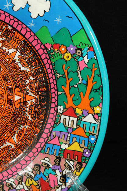Ceramic Platter, Aztec Calendar and Village Life Scenes