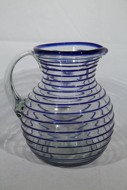 Cobalt Blue Rim Spiral Ball Shaped Glass Pitcher Mexican Glassware