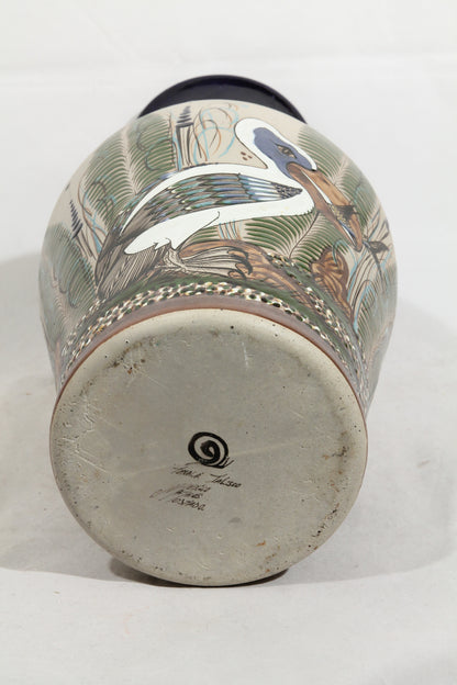 X-Lrg Ceramic Vase Mexican Folk Art Mateos Tostado Collectible Décor Heron