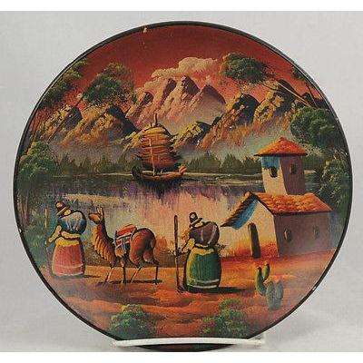 Antique Peruvian/Central America Ceramic Plate Hand Painted/Thrown 2 Women LLama