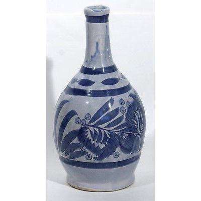 ceramic vessel mexican hand vase Blue painted 13 1/2" Tall Flower design