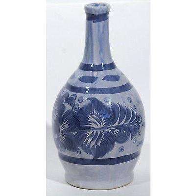 ceramic vessel mexican hand vase Blue painted 13 1/2" Tall Flower design