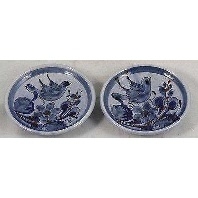 Vintage Mexican Ceramic Hand Painted Dishes w Bird Set of 2 Folk Art Decorative