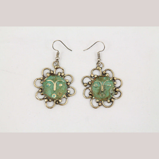 Hand Crafted Earrings/Jewelry Mexico Wearable Folk Art Bronze Kamilo Sun/Flower