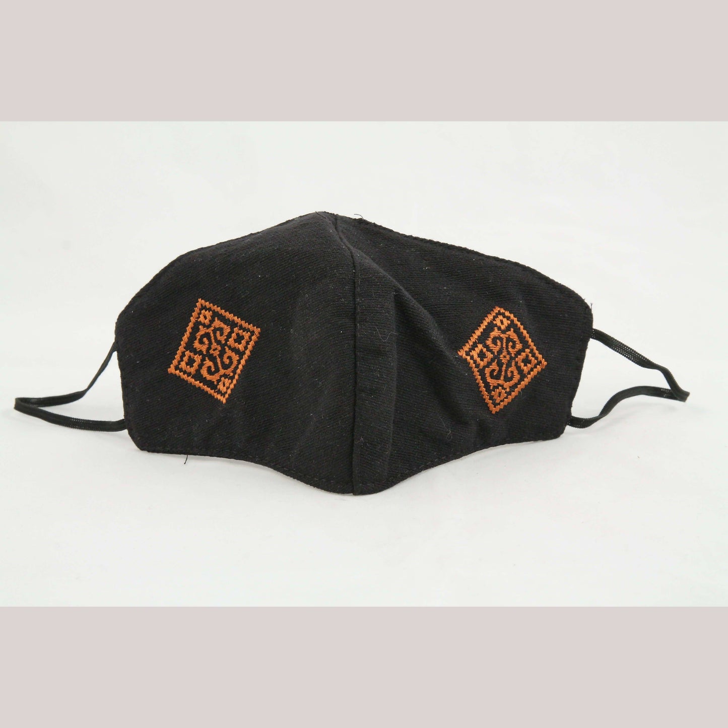 Mexican Cloth Face Mask Hand Embroidered Oaxaca Double Layered Reusable Blk/Gld