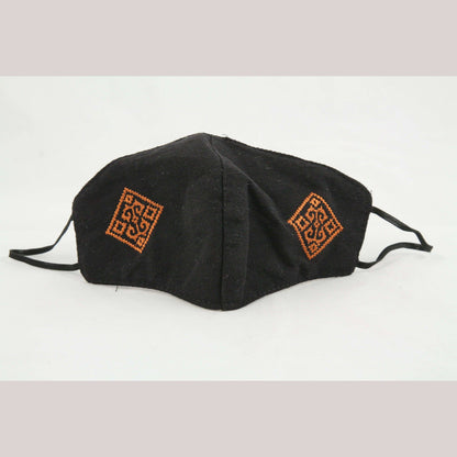 Mexican Cloth Face Mask Hand Embroidered Oaxaca Double Layered Reusable Blk/Gld