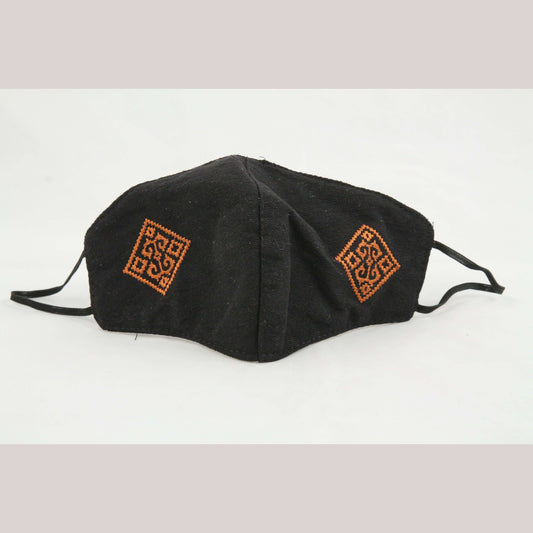 Mexican Cloth Face Mask Hand Embroidered Oaxaca Double Layered Reusable Blk/Gld