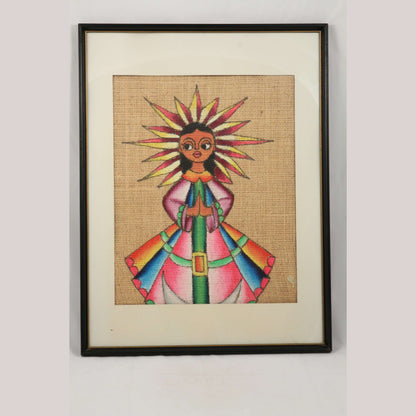 Vntg Original Painted Burlap Painting of Madonna Mexican Folk Art Signed
