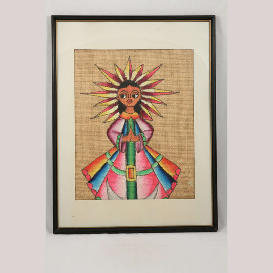 Vntg Original Painted Burlap Painting of Madonna Mexican Folk Art Signed