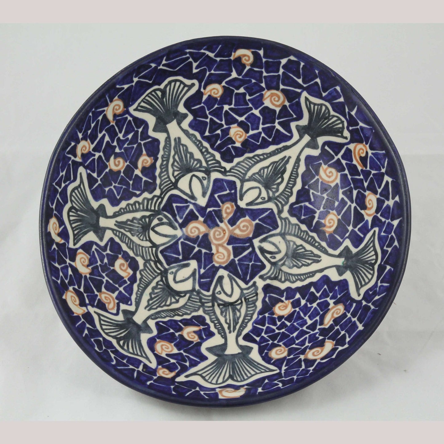 Lg Ceramic/Pottery Blue Bowl w Fish Mexican Fine Art Collectible Decor Chichipan