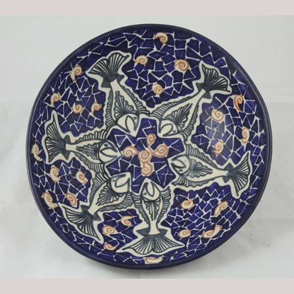 Lg Ceramic/Pottery Blue Bowl w Fish Mexican Fine Art Collectible Decor Chichipan