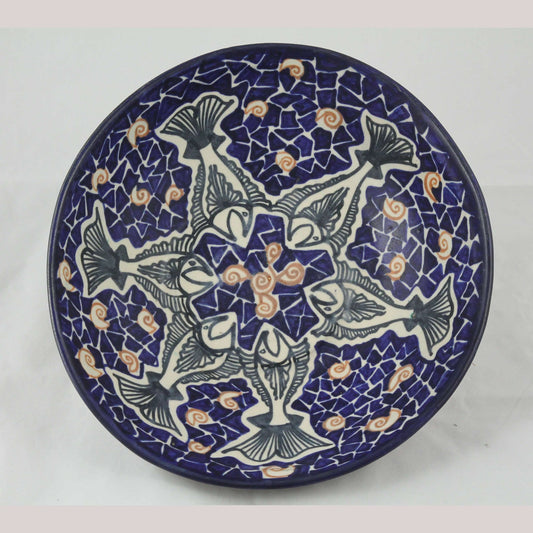 Lg Ceramic/Pottery Blue Bowl w Fish Mexican Fine Art Collectible Decor Chichipan