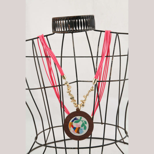 Hand Crafted Necklace Wood/ Embroidered Wearable Art Mexican Jewelry #2