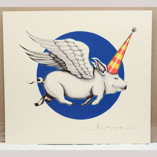 X- Lg Mexican Acrylic Fine Art Painting Signed Décor Hermes Diaz When Pigs Fly