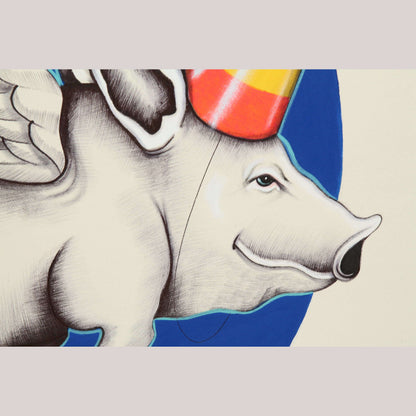 X- Lg Mexican Acrylic Fine Art Painting Signed Décor Hermes Diaz When Pigs Fly