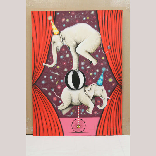 Mexican Acrylic Fine Art Painting Signed Hermes Diaz "Circus Elephants in Balance"