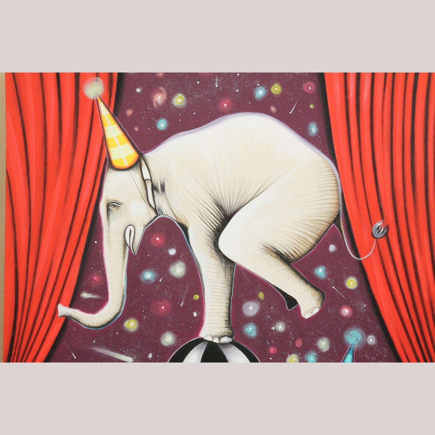 Mexican Acrylic Fine Art Painting Signed Hermes Diaz "Circus Elephants in Balance"