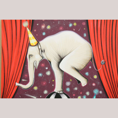 Mexican Acrylic Fine Art Painting Signed Hermes Diaz "Circus Elephants in Balance"