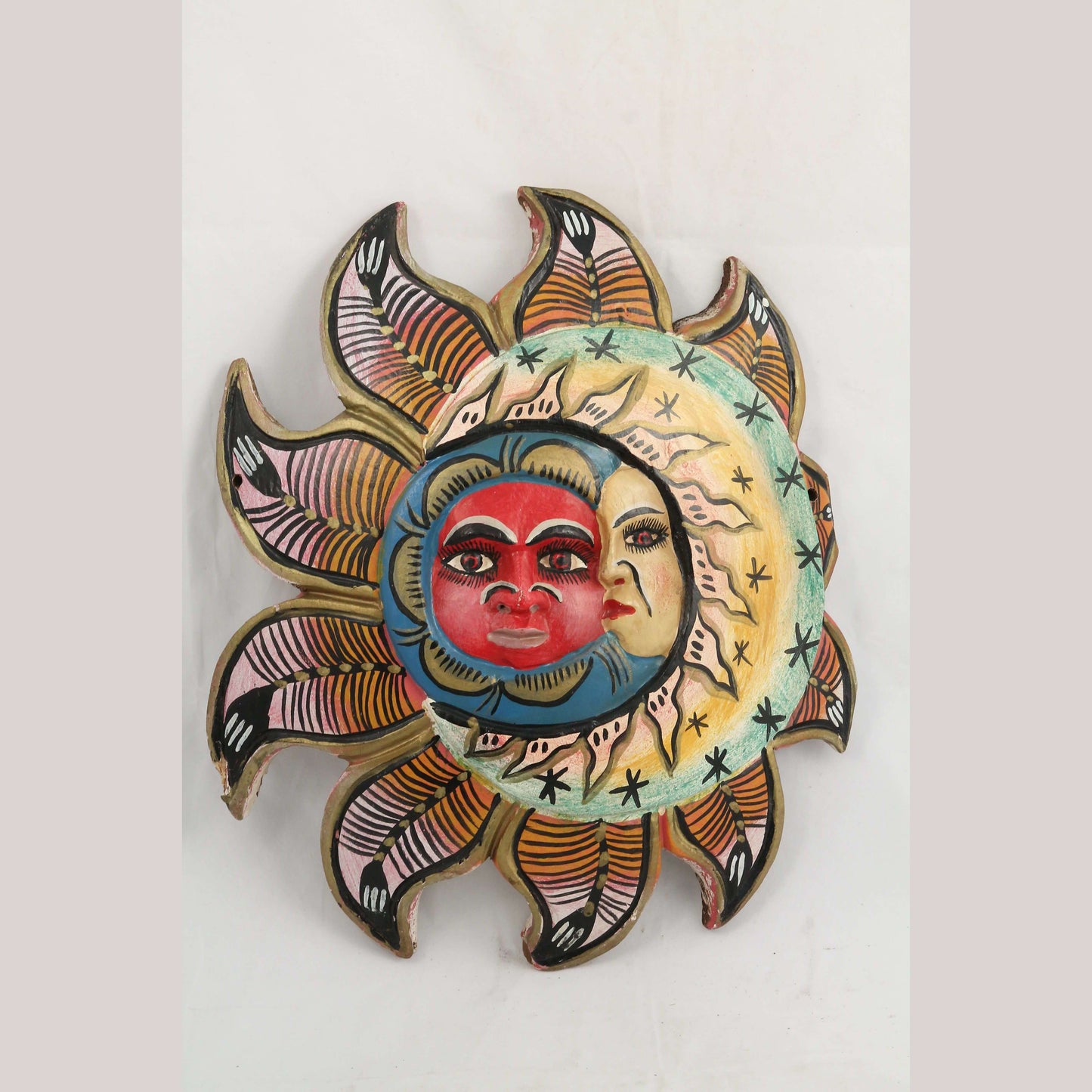 LG Vntg Wood Mask Handmade Mexican Folk Art Collectible Décor Sun/Moon/Faces