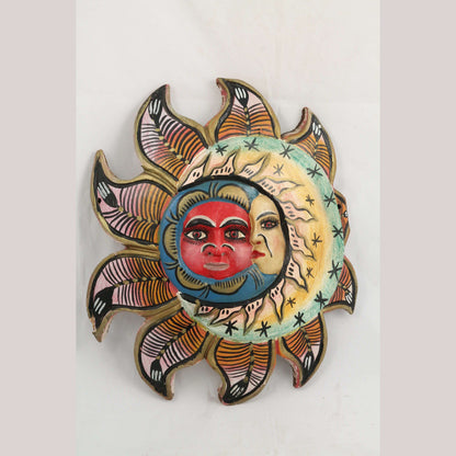 LG Vntg Wood Mask Handmade Mexican Folk Art Collectible Décor Sun/Moon/Faces