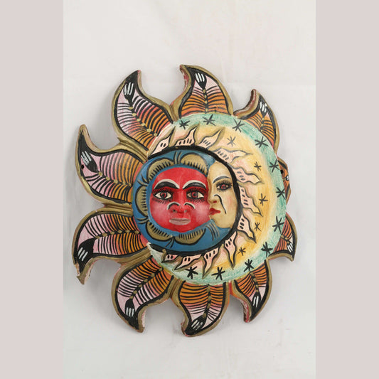 LG Vntg Wood Mask Handmade Mexican Folk Art Collectible Décor Sun/Moon/Faces