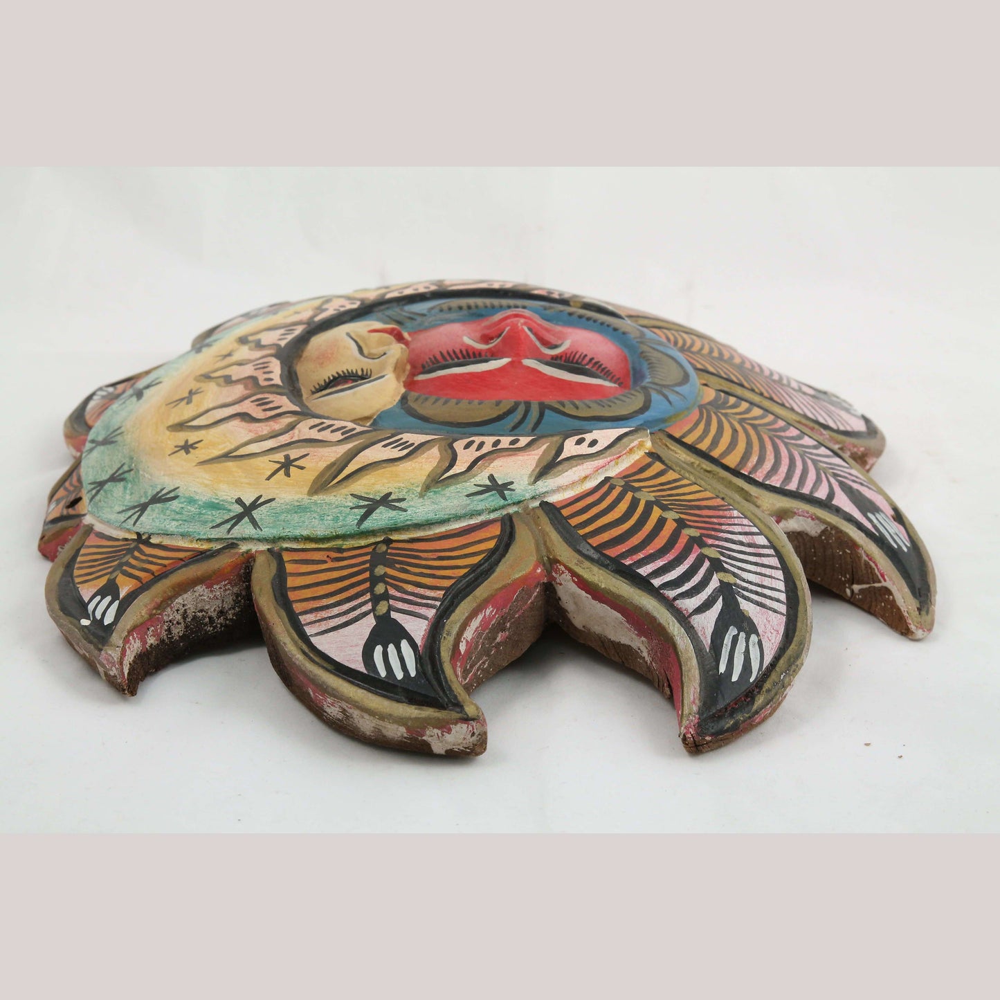 LG Vntg Wood Mask Handmade Mexican Folk Art Collectible Décor Sun/Moon/Faces