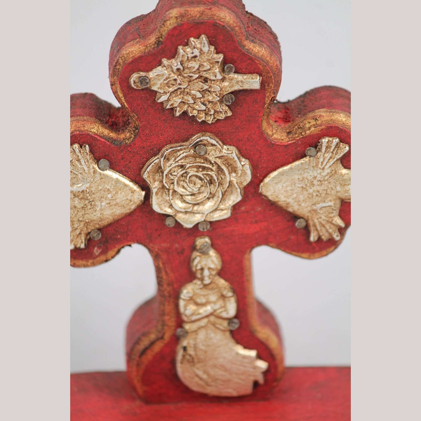 New Wood on Stand Cross/Milagros Mexican Folk Art Hand Made/Painted Gold Rose