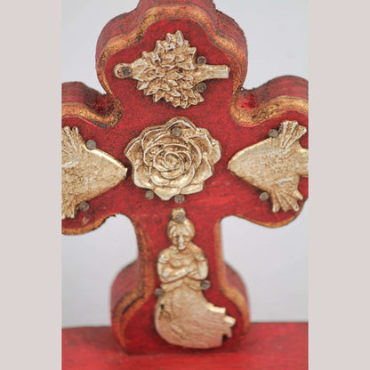 New Wood on Stand Cross/Milagros Mexican Folk Art Hand Made/Painted Gold Rose