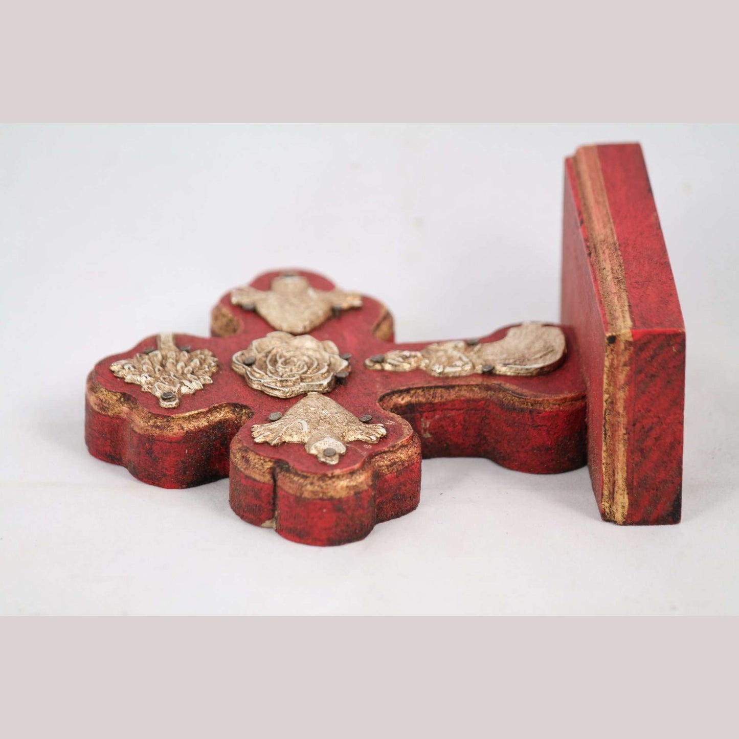 New Wood on Stand Cross/Milagros Mexican Folk Art Hand Made/Painted Gold Rose