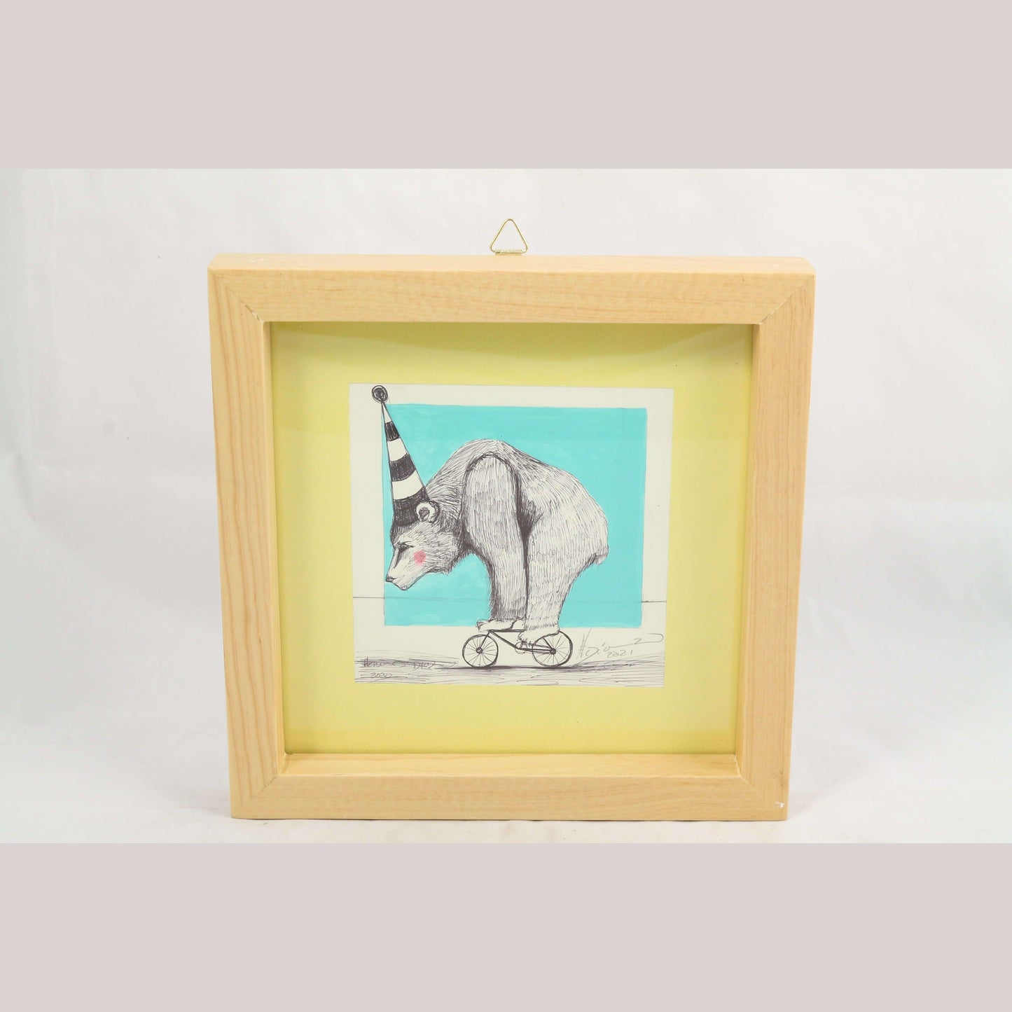 Mexican Acrylic Fine Art Painting Signed Décor Frame Hermes Diaz Bear/Tiny Bike