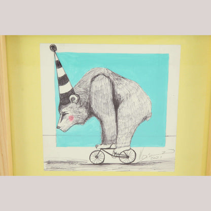 Mexican Acrylic Fine Art Painting Signed Décor Frame Hermes Diaz Bear/Tiny Bike