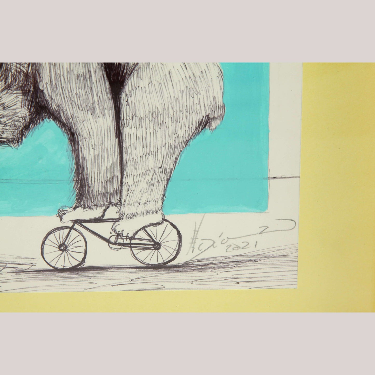 Mexican Acrylic Fine Art Painting Signed Décor Frame Hermes Diaz Bear/Tiny Bike