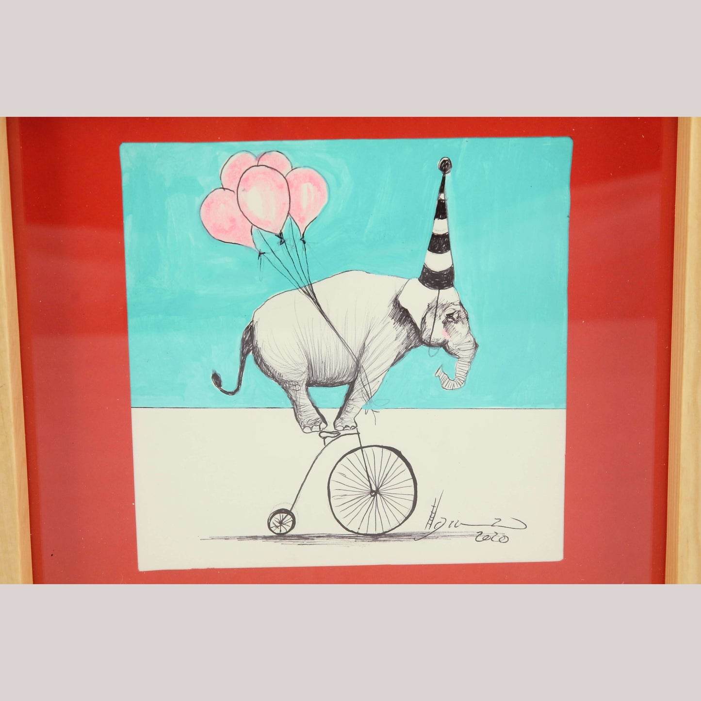 Mexican Acrylic Fine Art Painting Signed Frame Hermes Diaz Elephant w Balloons