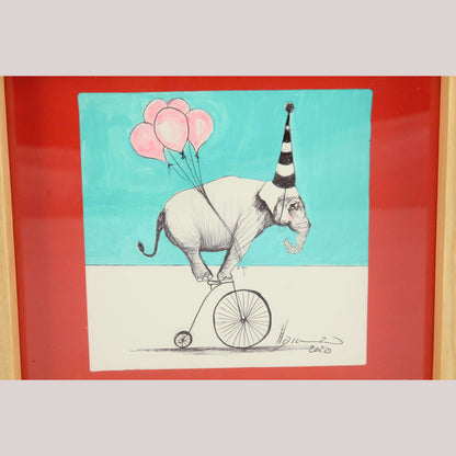 Mexican Acrylic Fine Art Painting Signed Frame Hermes Diaz Elephant w Balloons