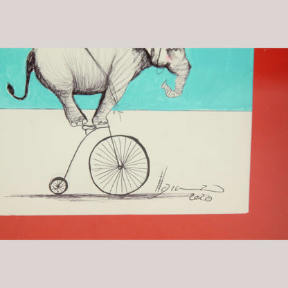 Mexican Acrylic Fine Art Painting Signed Frame Hermes Diaz Elephant w Balloons