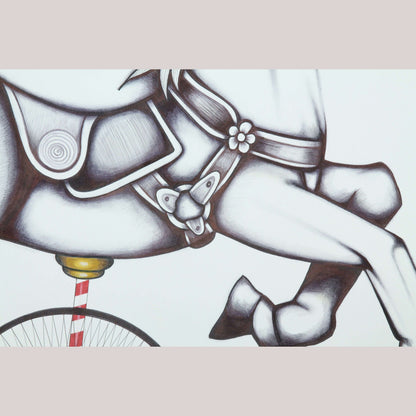 X- Lg Mexican Acrylic Fine Art Painting Signed Décor Hermes Diaz Horse on Wheel